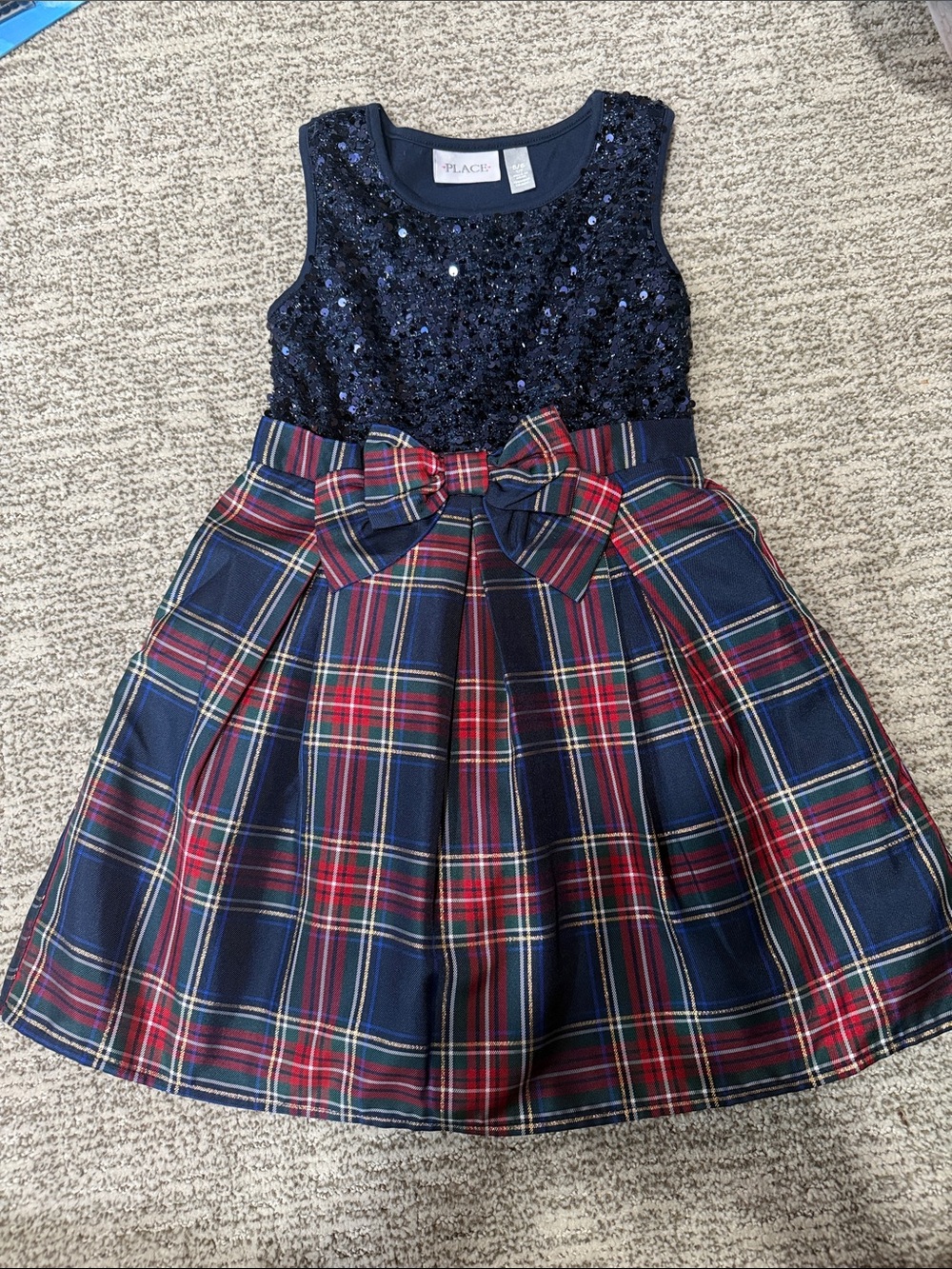 The Children's Place Navy Sequin Bodice Plaid Bow Dress